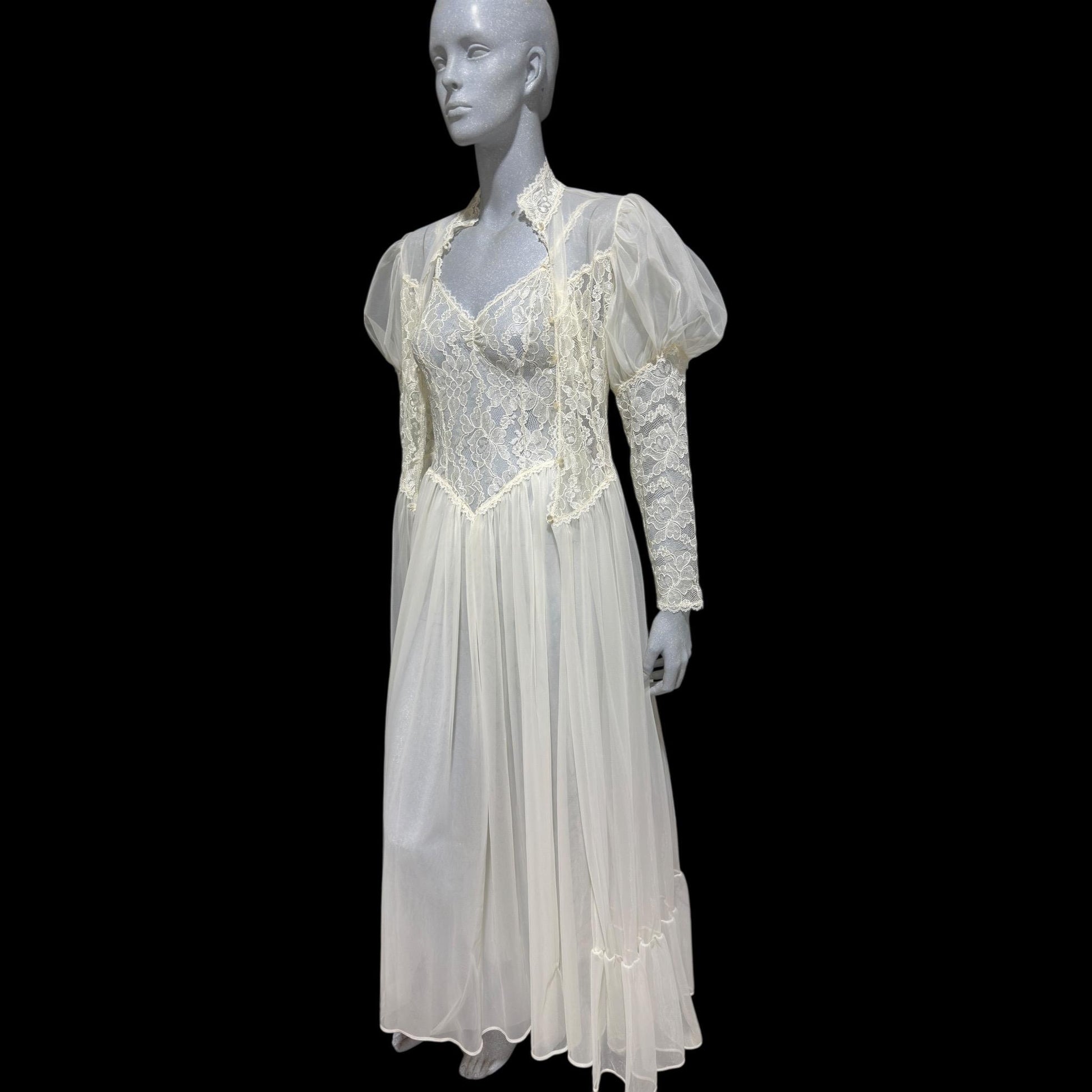 HENSON Kickernick vintage 1950s peignoir slip dress set, frothy white lacy nylon bridal nightgown robe set, THOSE SLEEVES