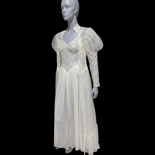 HENSON Kickernick vintage 1950s peignoir slip dress set, frothy white lacy nylon bridal nightgown robe set, THOSE SLEEVES
