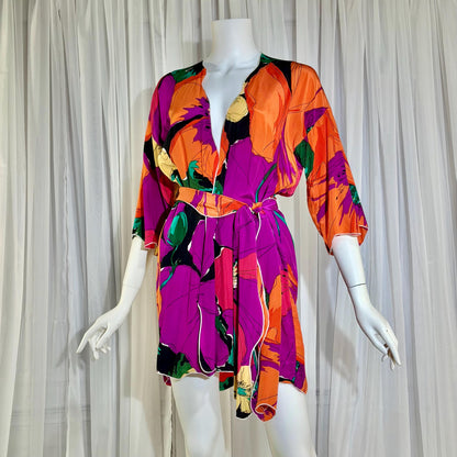 HOLLY HARP Vintage 1970s Robe Kimono, short floral silk duster cover up