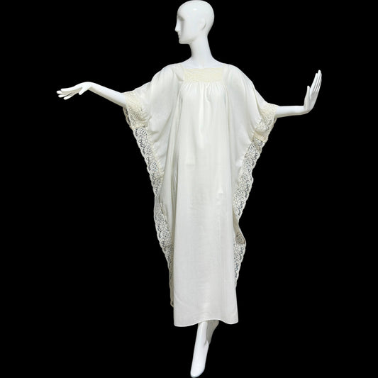 1960s Vintage caftan hostess dress, white crinkly cotton kaftan loose house dress