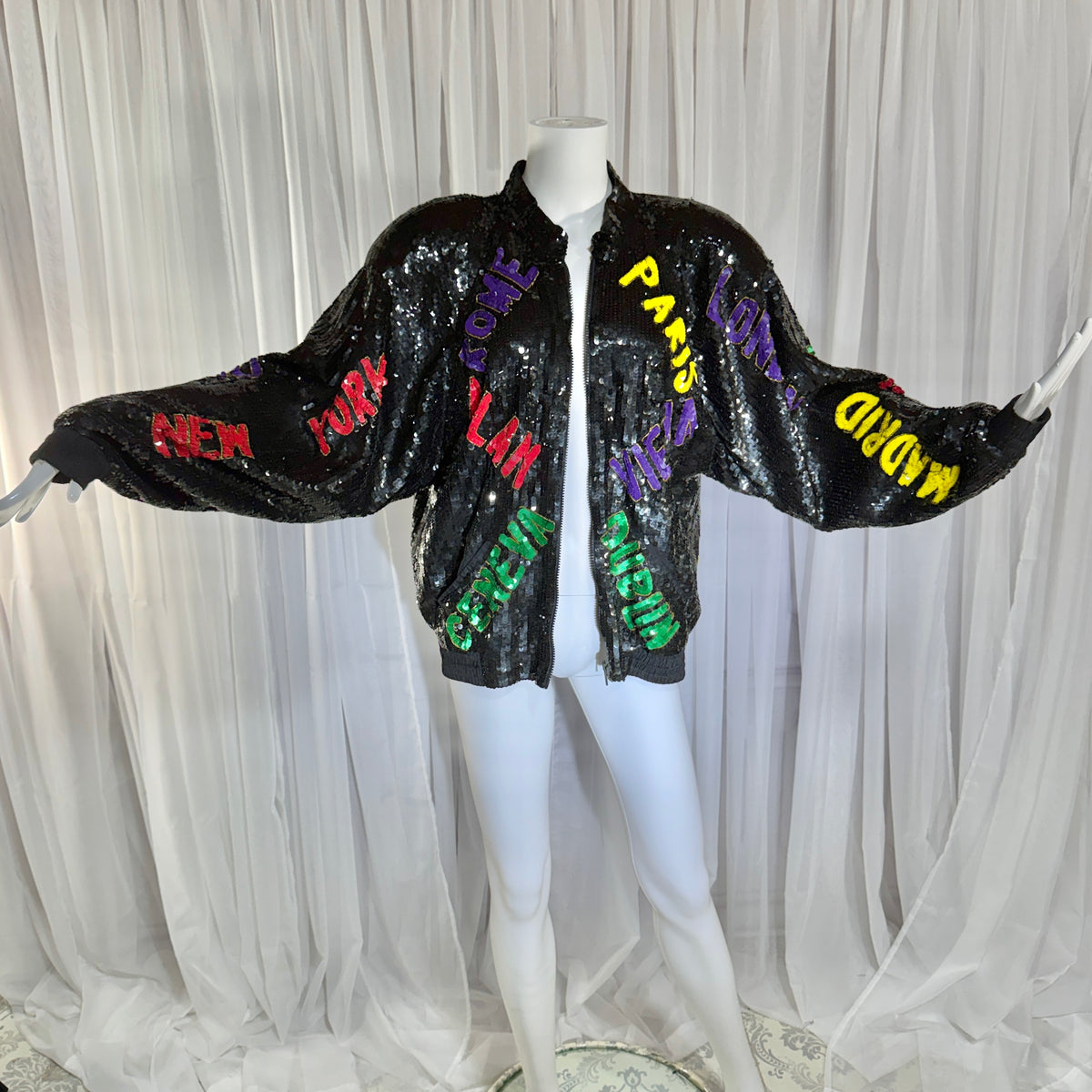 1980s vintage bomber jacket, World Traveler black sequin coat, Large