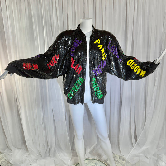 1980s vintage bomber jacket, World Traveler black sequin coat, Large