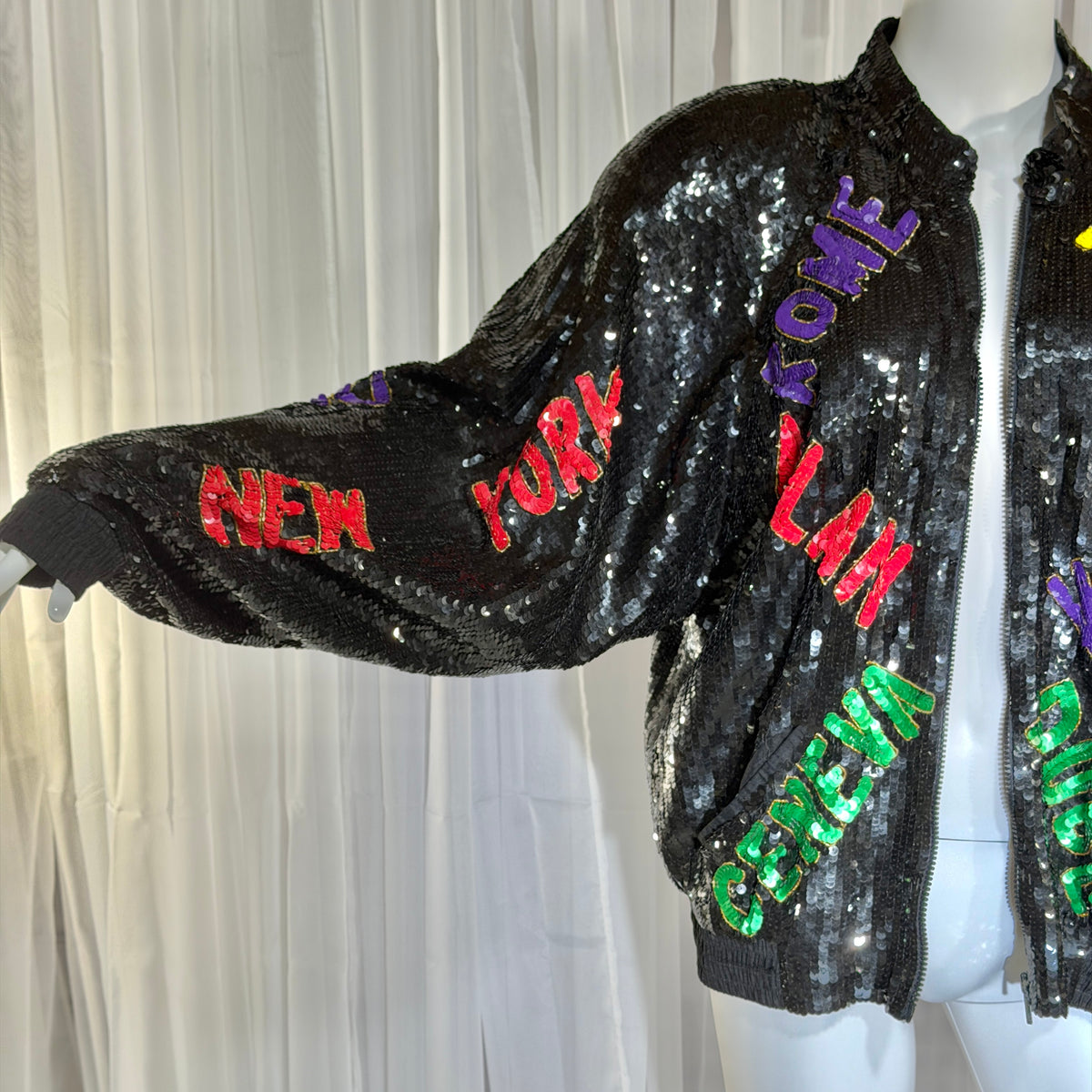 1980s vintage bomber jacket, World Traveler black sequin coat, Large