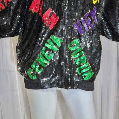 1980s vintage bomber jacket, World Traveler black sequin coat, Large