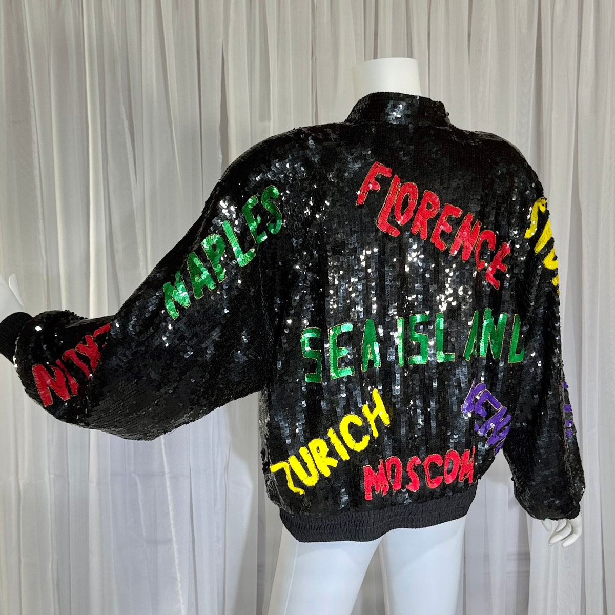1980s vintage bomber jacket, World Traveler black sequin coat, Large