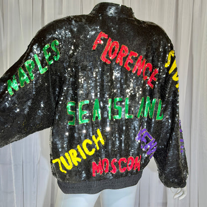 1980s vintage bomber jacket, World Traveler black sequin coat, Large