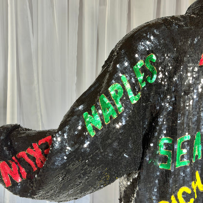 1980s vintage bomber jacket, World Traveler black sequin coat, Large
