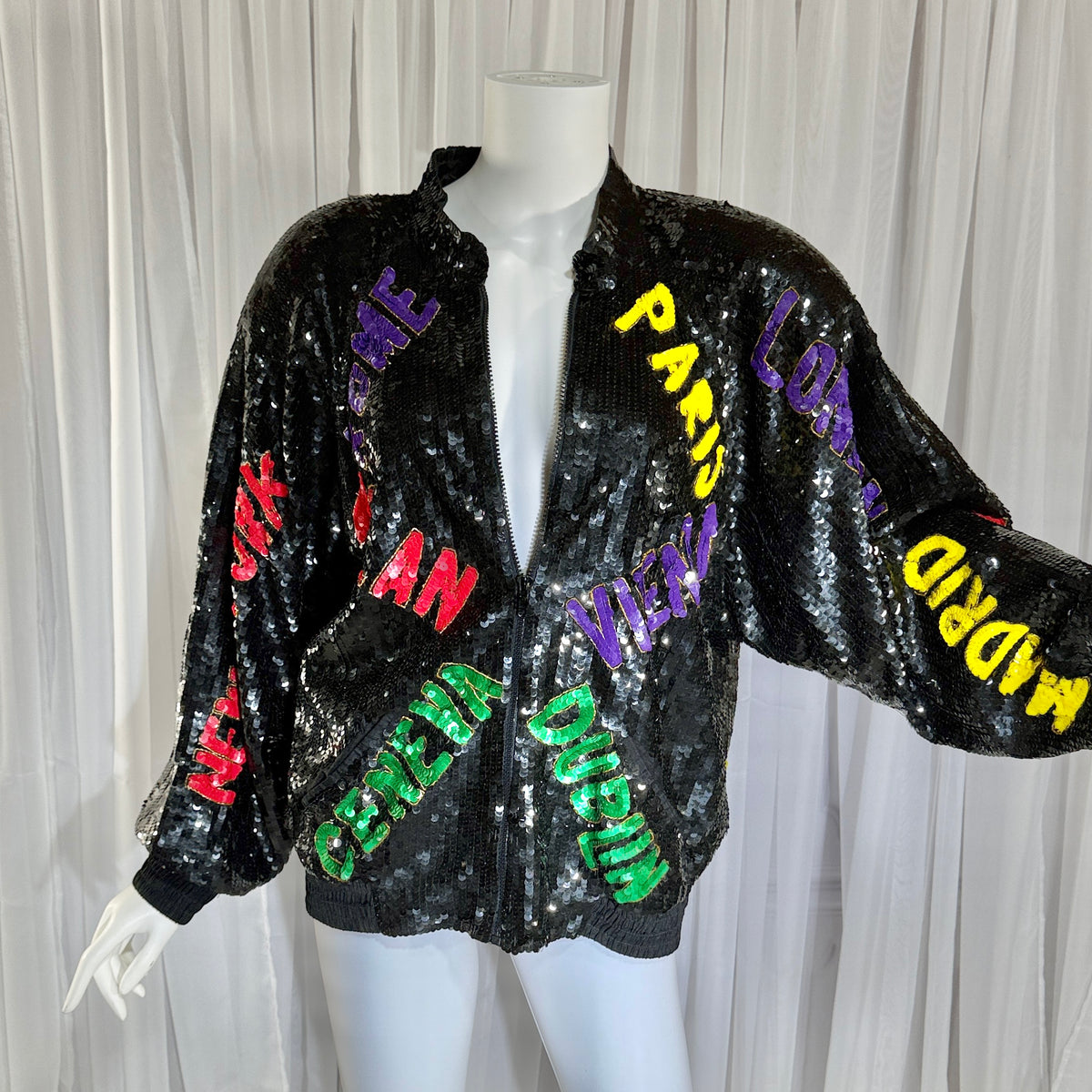 1980s vintage bomber jacket, World Traveler black sequin coat, Large