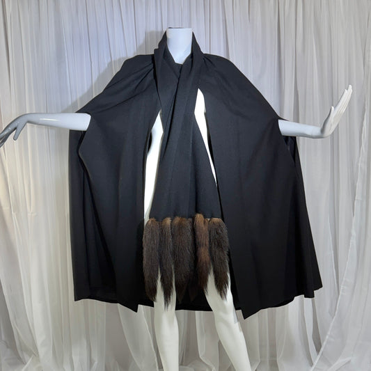 1980s vintage Cape with mink tails, black wool Evening Coat Cloak Wrap