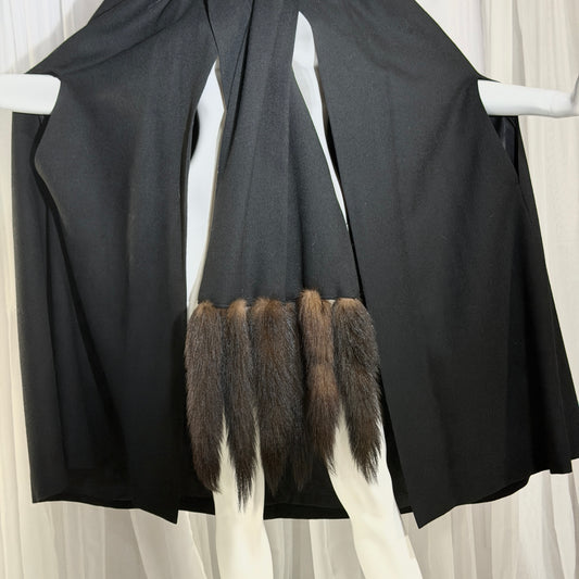 1980s vintage Cape with mink tails, black wool Evening Coat Cloak Wrap