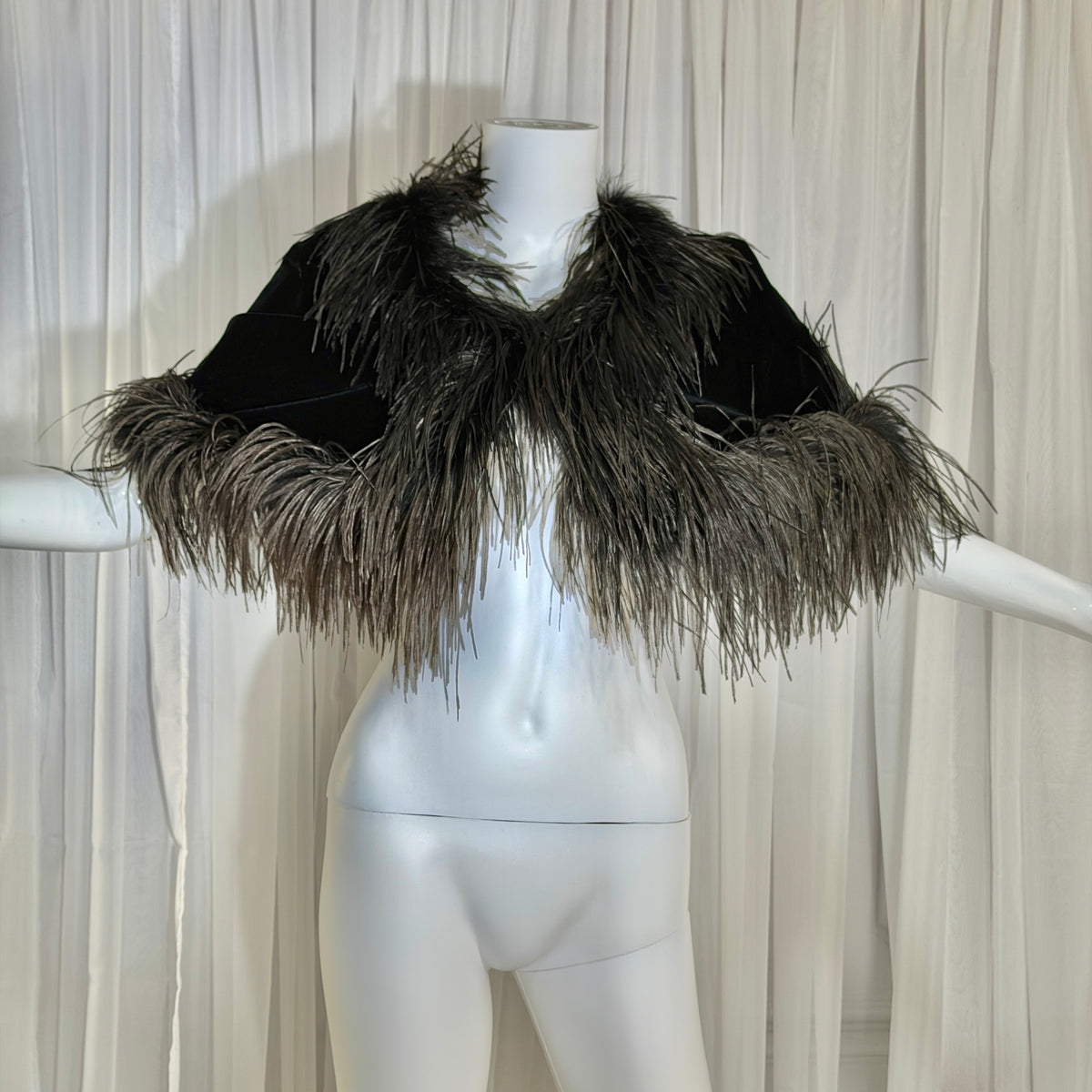 1980s Vintage Ostrich Feather Cape Shawl, Black velvet evening shoulder wrap