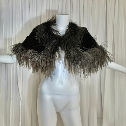 1980s Vintage Ostrich Feather Cape Shawl, Black velvet evening shoulder wrap