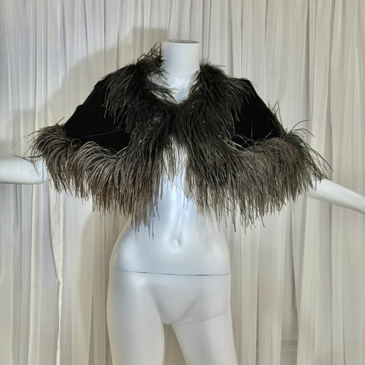1980s Vintage Ostrich Feather Cape Shawl, Black velvet evening shoulder wrap