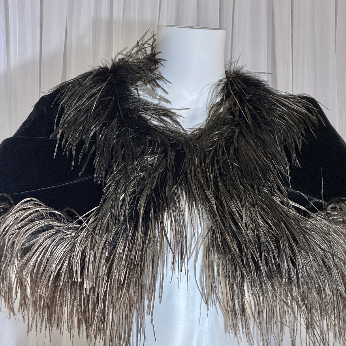 1980s Vintage Ostrich Feather Cape Shawl, Black velvet evening shoulder wrap