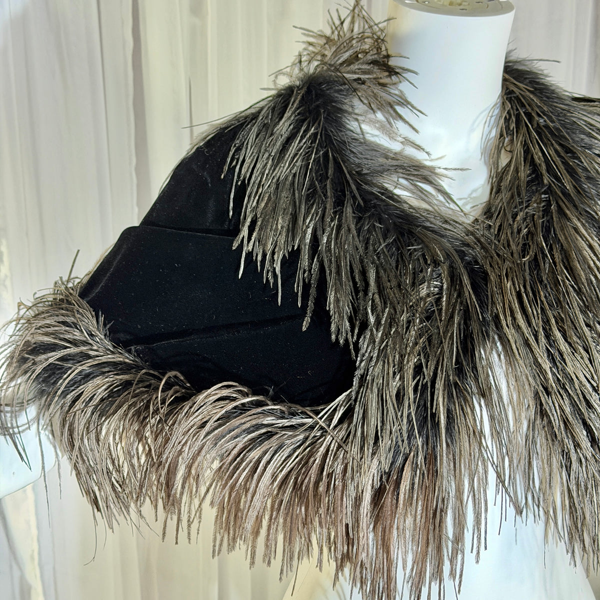 1980s Vintage Ostrich Feather Cape Shawl, Black velvet evening shoulder wrap