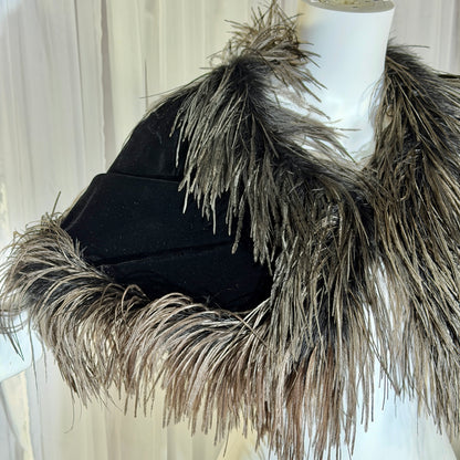 1980s Vintage Ostrich Feather Cape Shawl, Black velvet evening shoulder wrap