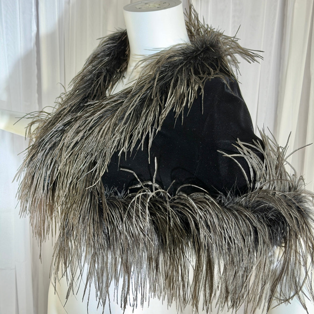 1980s Vintage Ostrich Feather Cape Shawl, Black velvet evening shoulder wrap