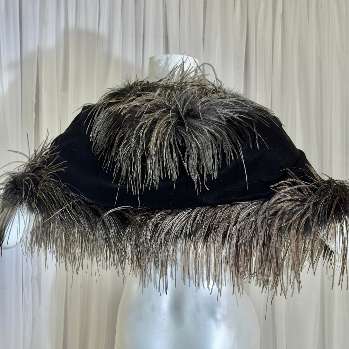 1980s Vintage Ostrich Feather Cape Shawl, Black velvet evening shoulder wrap