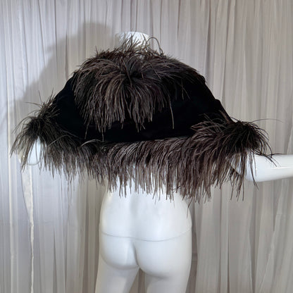 1980s Vintage Ostrich Feather Cape Shawl, Black velvet evening shoulder wrap