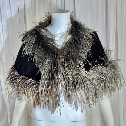 1980s Vintage Ostrich Feather Cape Shawl, Black velvet evening shoulder wrap
