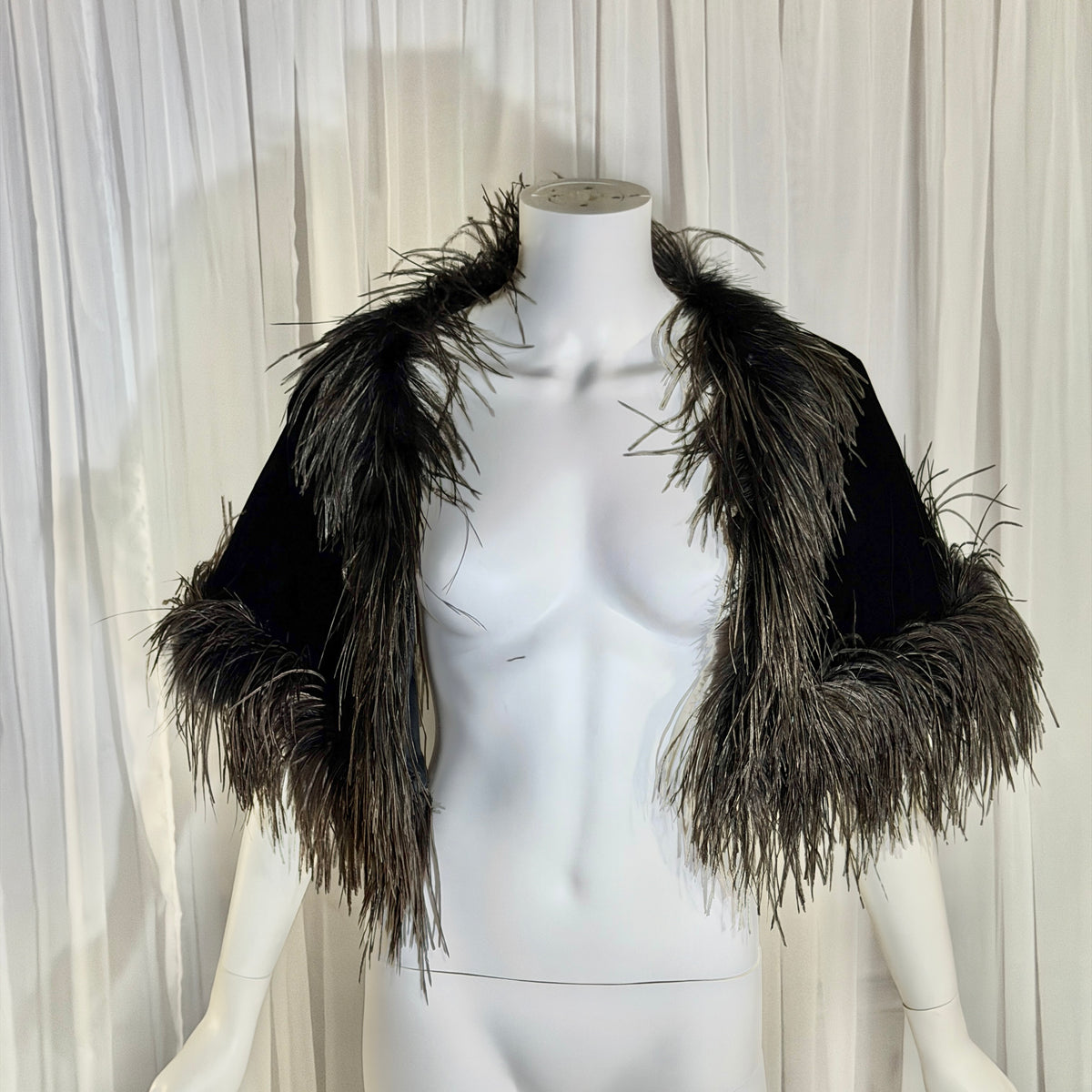 1980s Vintage Ostrich Feather Cape Shawl, Black velvet evening shoulder wrap