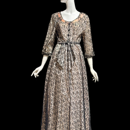 FLOBERT vintage 1940s black lace dressing gown robe, sheer black lace with pink ribbon trim