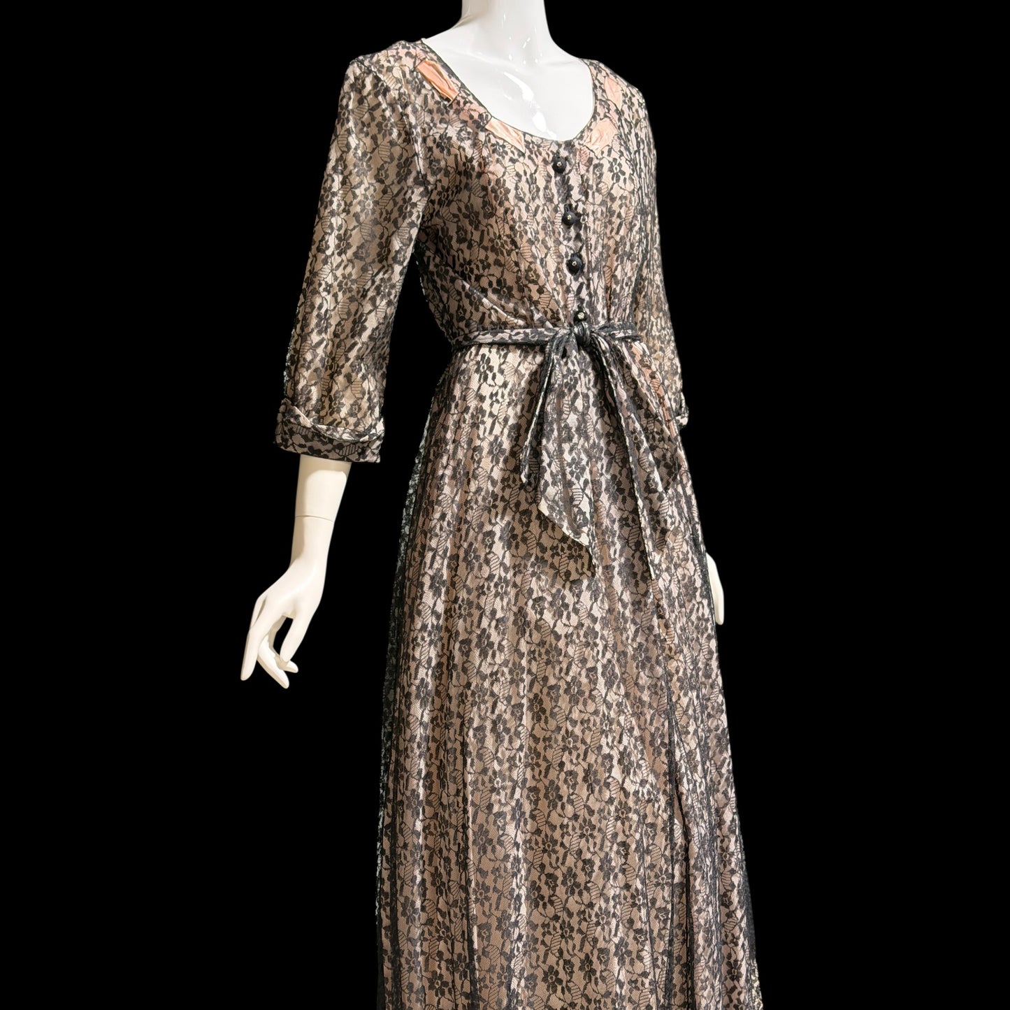 FLOBERT vintage 1940s black lace dressing gown robe, sheer black lace with pink ribbon trim