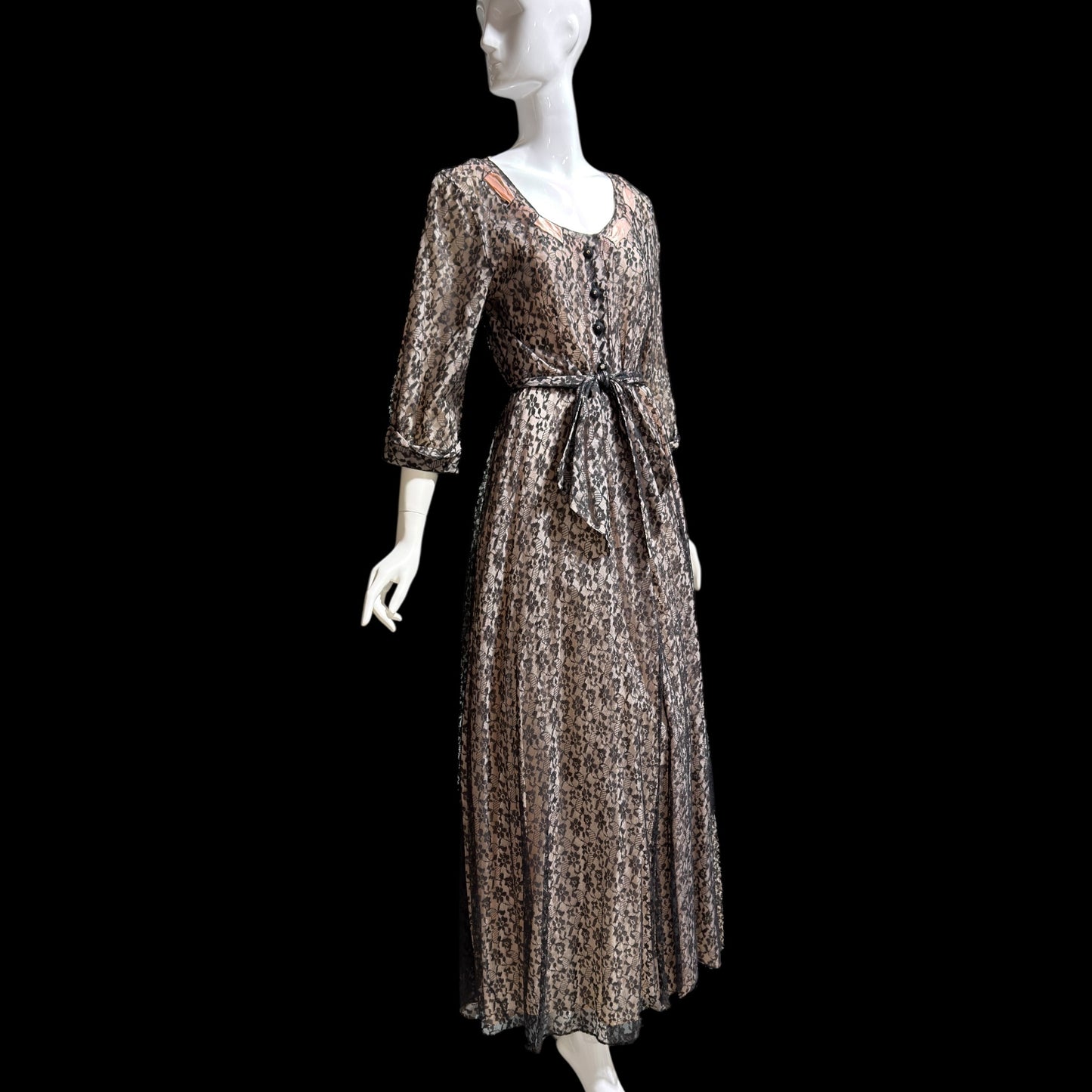 FLOBERT vintage 1940s black lace dressing gown robe, sheer black lace with pink ribbon trim