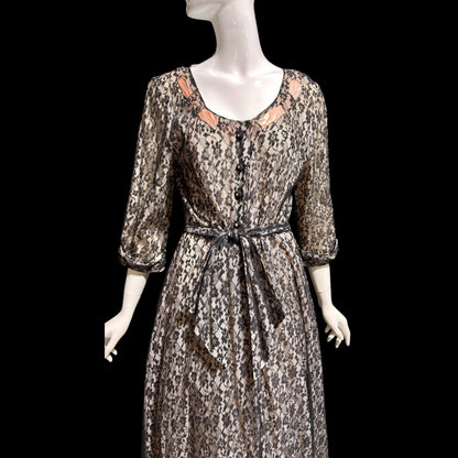 FLOBERT vintage 1940s black lace dressing gown robe, sheer black lace with pink ribbon trim
