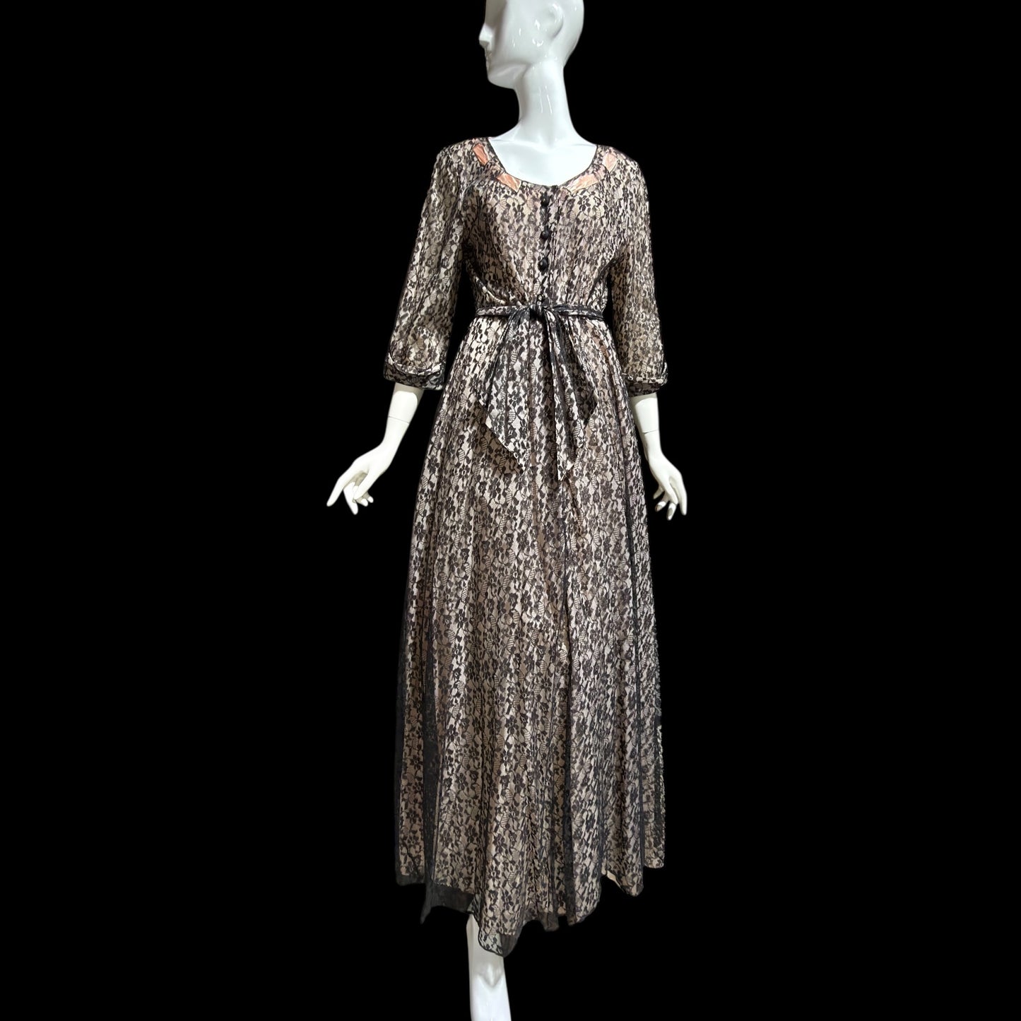 FLOBERT vintage 1940s black lace dressing gown robe, sheer black lace with pink ribbon trim