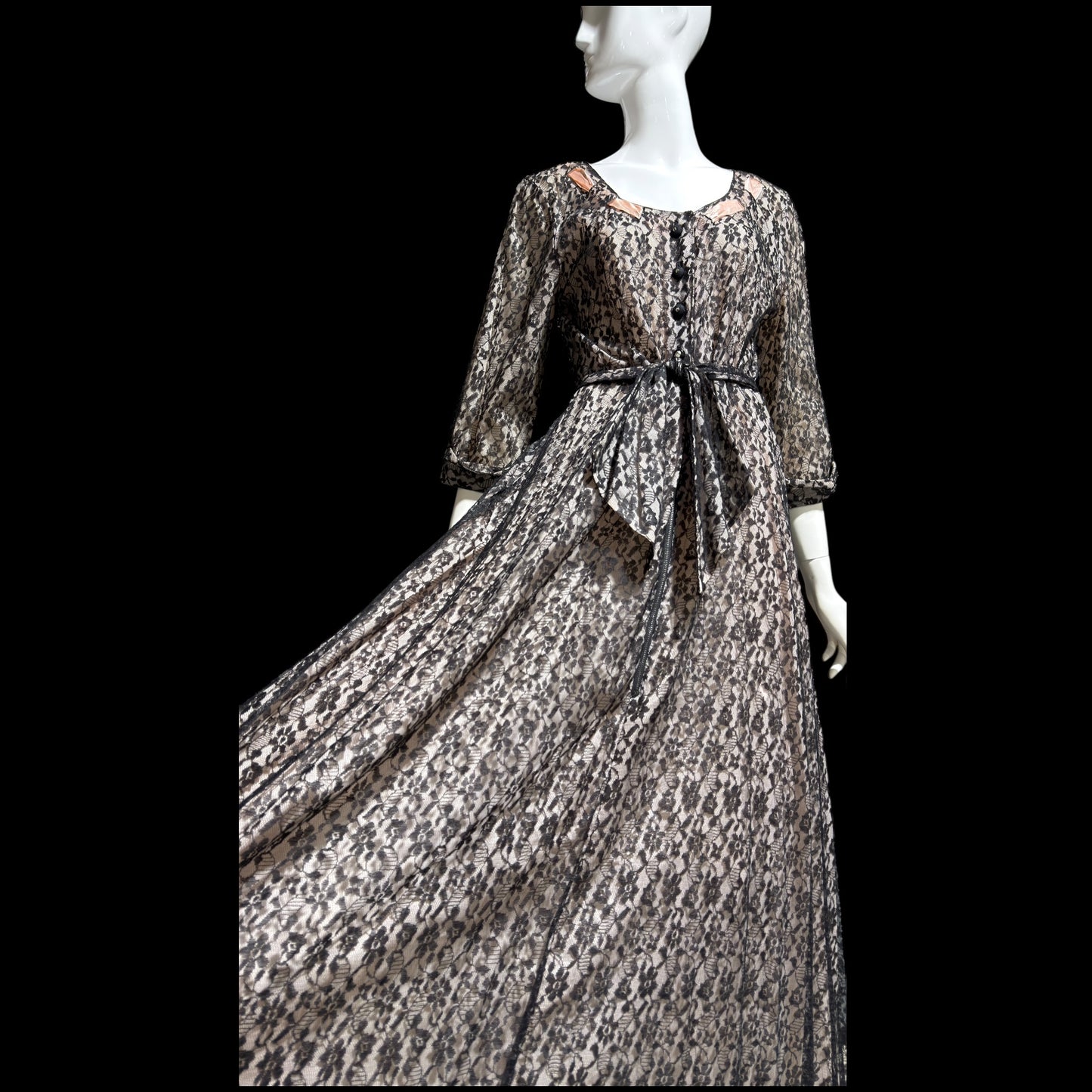 FLOBERT vintage 1940s black lace dressing gown robe, sheer black lace with pink ribbon trim