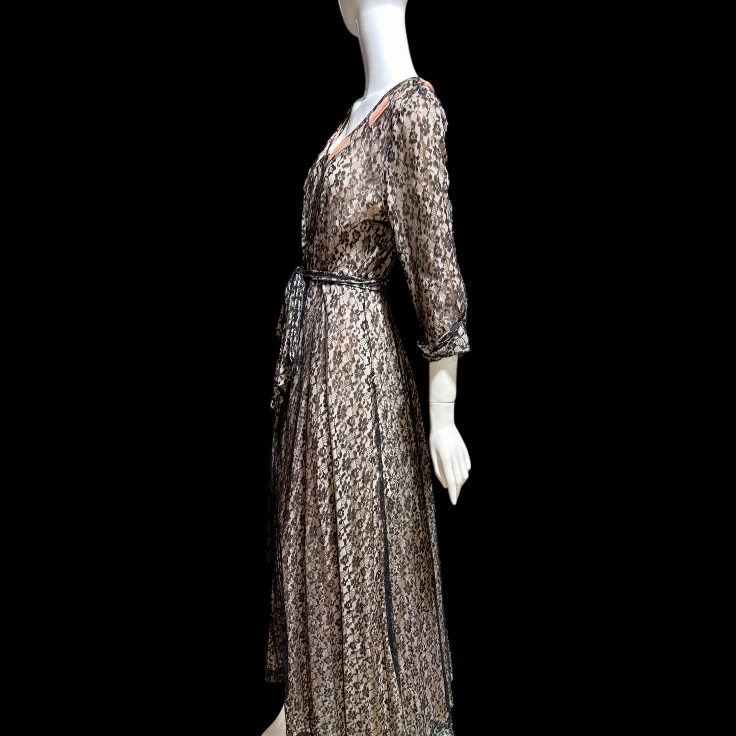 FLOBERT vintage 1940s black lace dressing gown robe, sheer black lace with pink ribbon trim