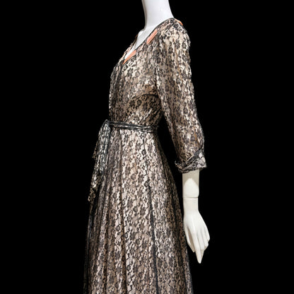 FLOBERT vintage 1940s black lace dressing gown robe, sheer black lace with pink ribbon trim