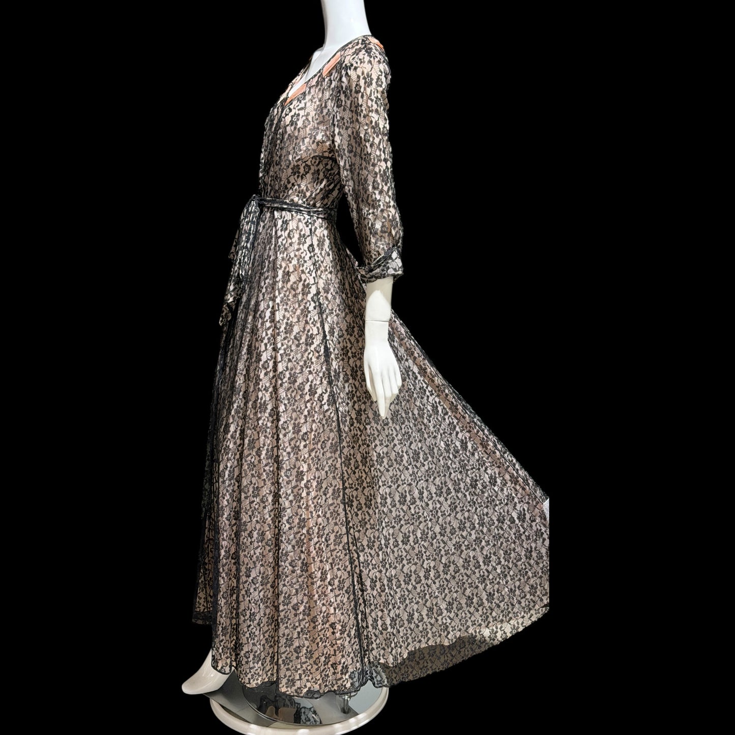 FLOBERT vintage 1940s black lace dressing gown robe, sheer black lace with pink ribbon trim