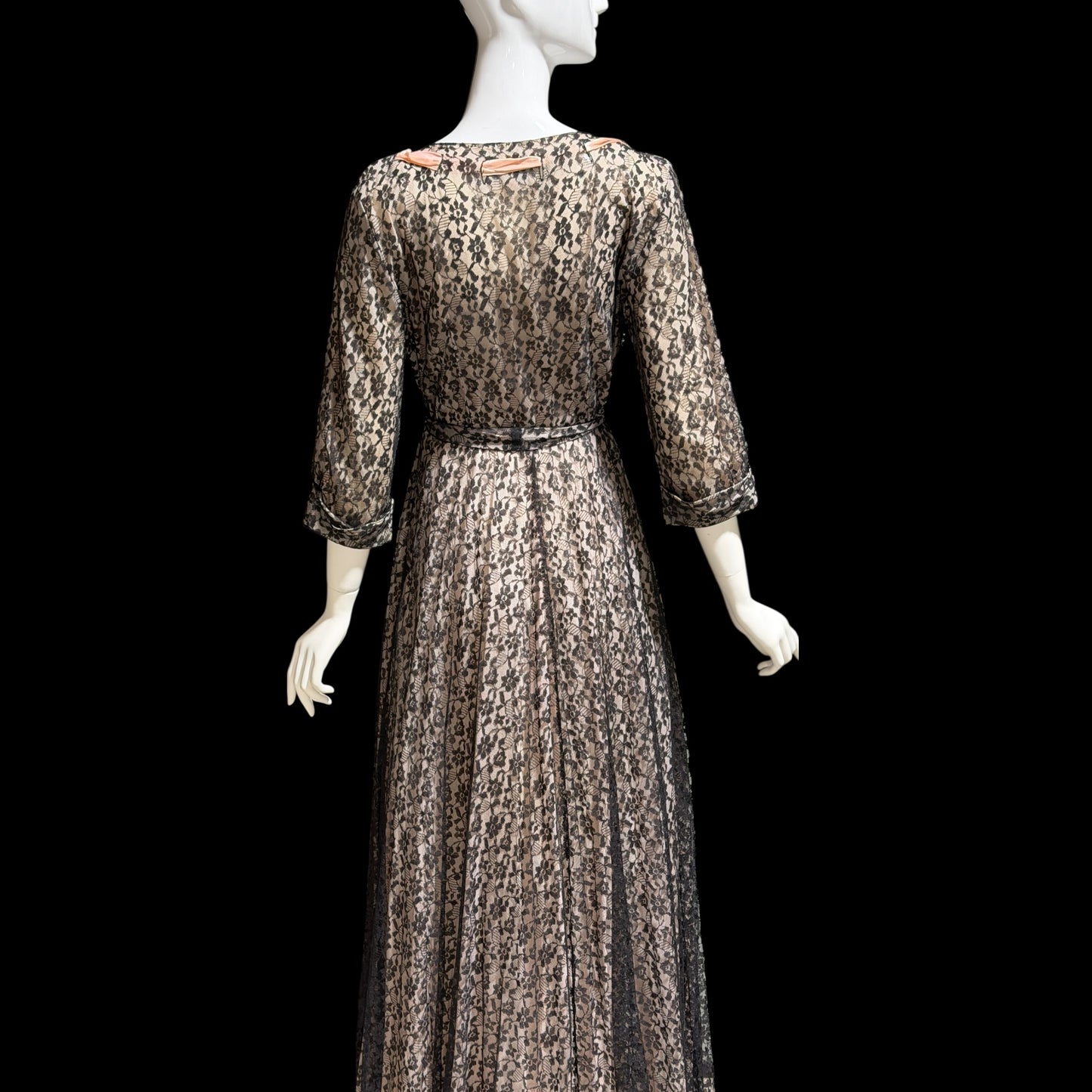 FLOBERT vintage 1940s black lace dressing gown robe, sheer black lace with pink ribbon trim
