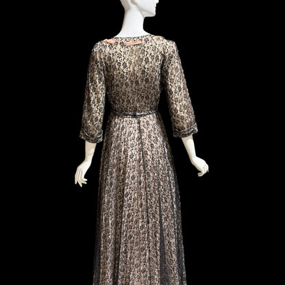FLOBERT vintage 1940s black lace dressing gown robe, sheer black lace with pink ribbon trim