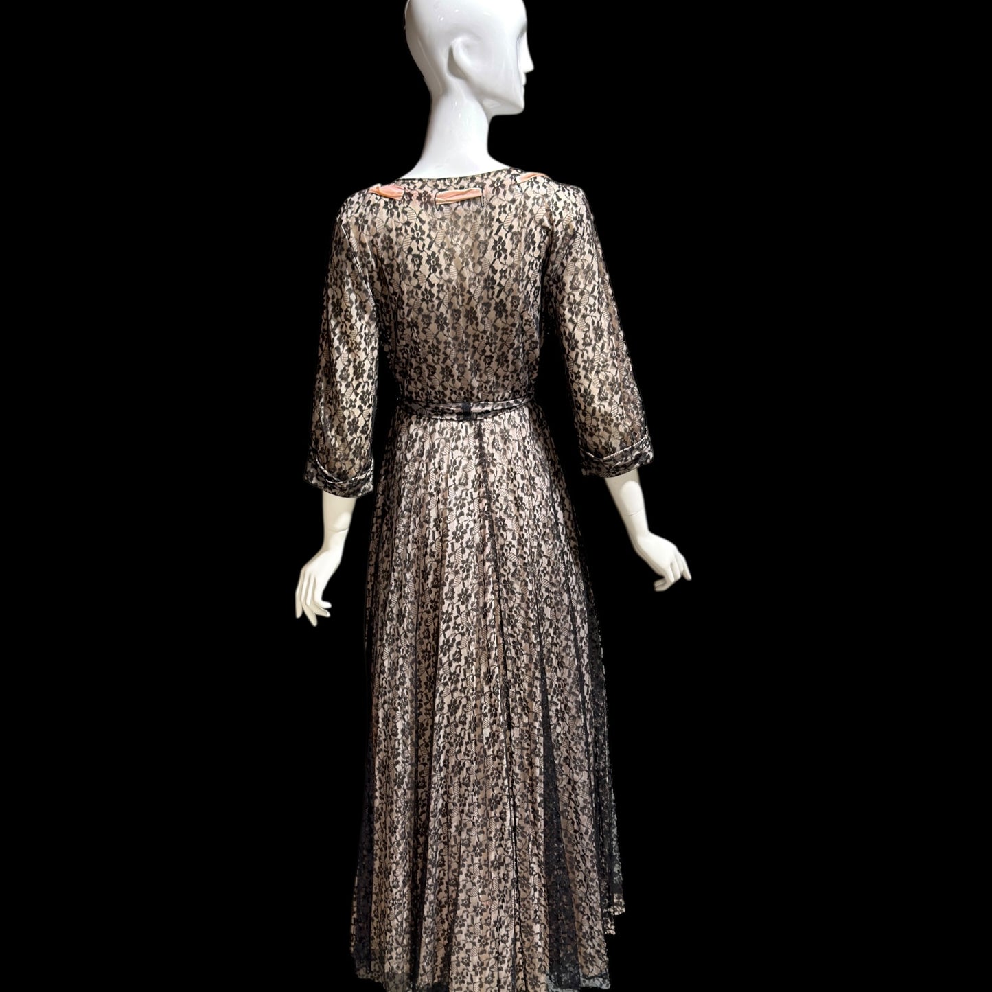 FLOBERT vintage 1940s black lace dressing gown robe, sheer black lace with pink ribbon trim