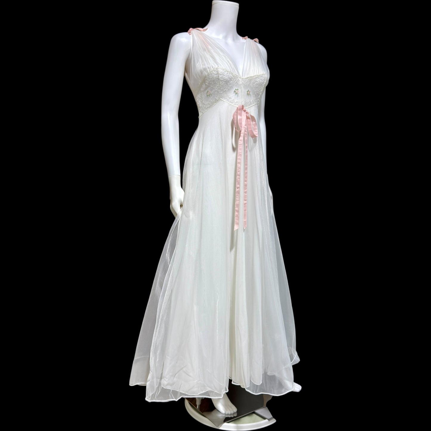 LAROS, Vintage 1940s nightgown slip dress, white double chiffon with pink embroidered flowers, wedding night dress