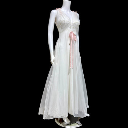 LAROS, Vintage 1940s nightgown slip dress, white double chiffon with pink embroidered flowers, wedding night dress