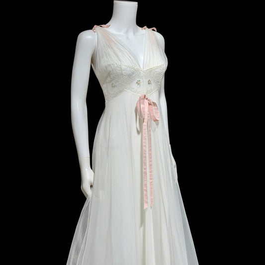 LAROS, Vintage 1940s nightgown slip dress, white double chiffon with pink embroidered flowers, wedding night dress