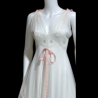 LAROS, Vintage 1940s nightgown slip dress, white double chiffon with pink embroidered flowers, wedding night dress