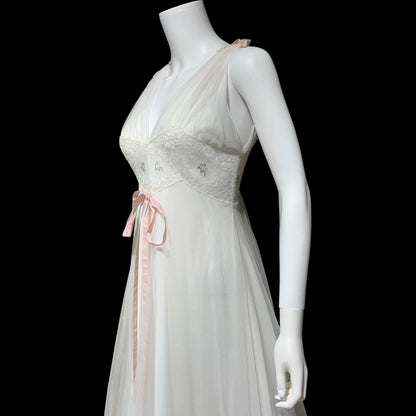 LAROS, Vintage 1940s nightgown slip dress, white double chiffon with pink embroidered flowers, wedding night dress