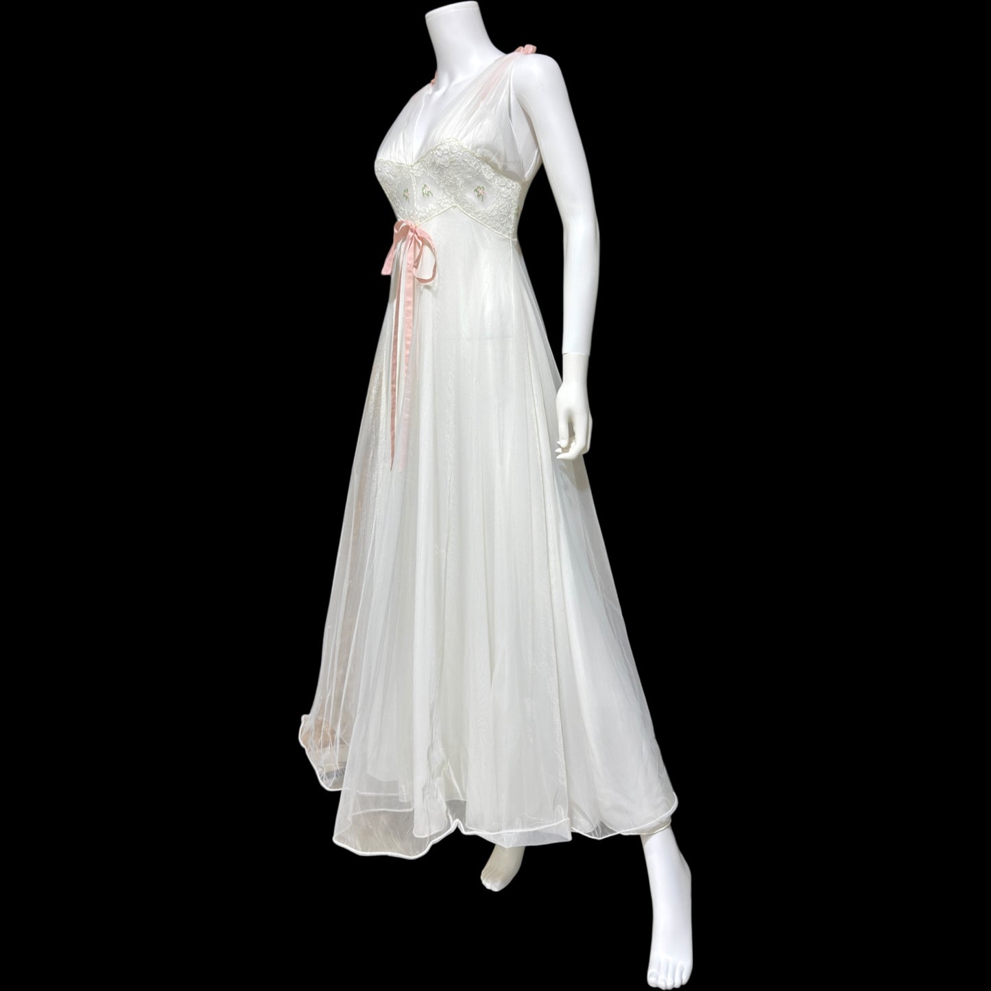 LAROS, Vintage 1940s nightgown slip dress, white double chiffon with pink embroidered flowers, wedding night dress
