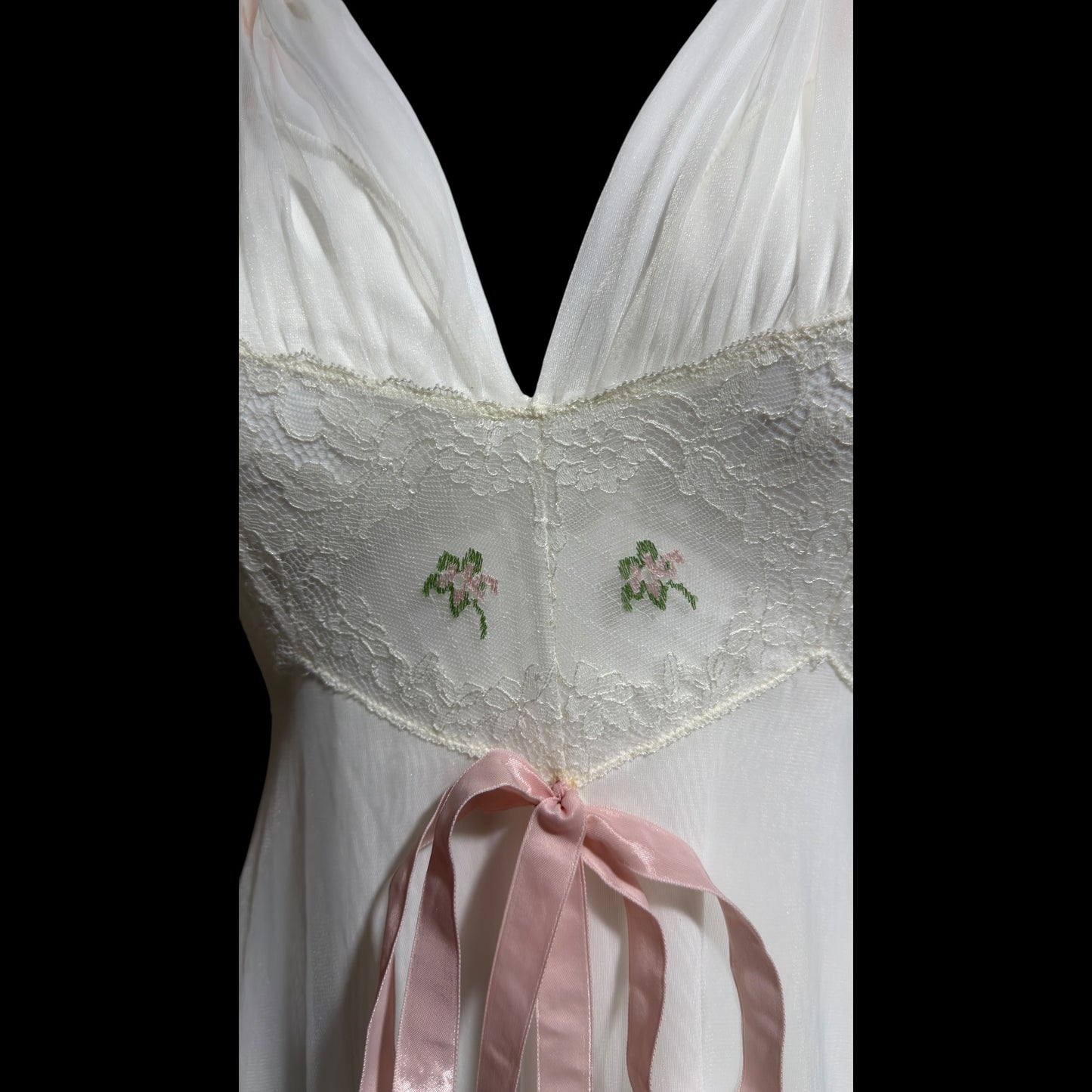LAROS, Vintage 1940s nightgown slip dress, white double chiffon with pink embroidered flowers, wedding night dress