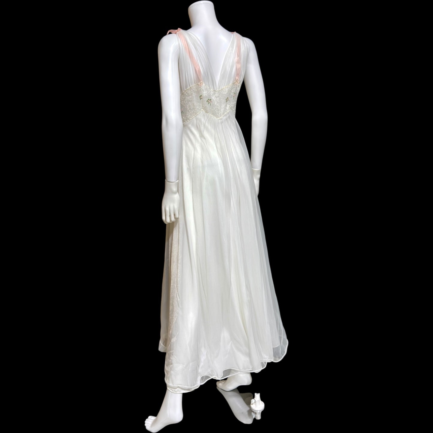 LAROS, Vintage 1940s nightgown slip dress, white double chiffon with pink embroidered flowers, wedding night dress