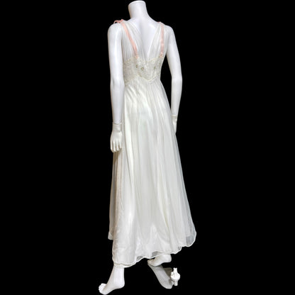 LAROS, Vintage 1940s nightgown slip dress, white double chiffon with pink embroidered flowers, wedding night dress
