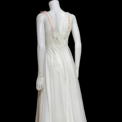 LAROS, Vintage 1940s nightgown slip dress, white double chiffon with pink embroidered flowers, wedding night dress