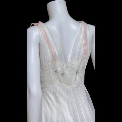 LAROS, Vintage 1940s nightgown slip dress, white double chiffon with pink embroidered flowers, wedding night dress