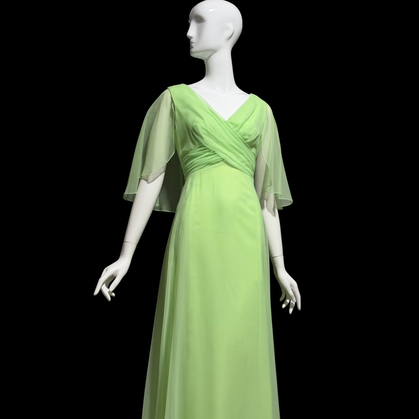 MISS ELLIETTE, vintage 1970s evening dress gown, minty pistachio green poly chiffon dress