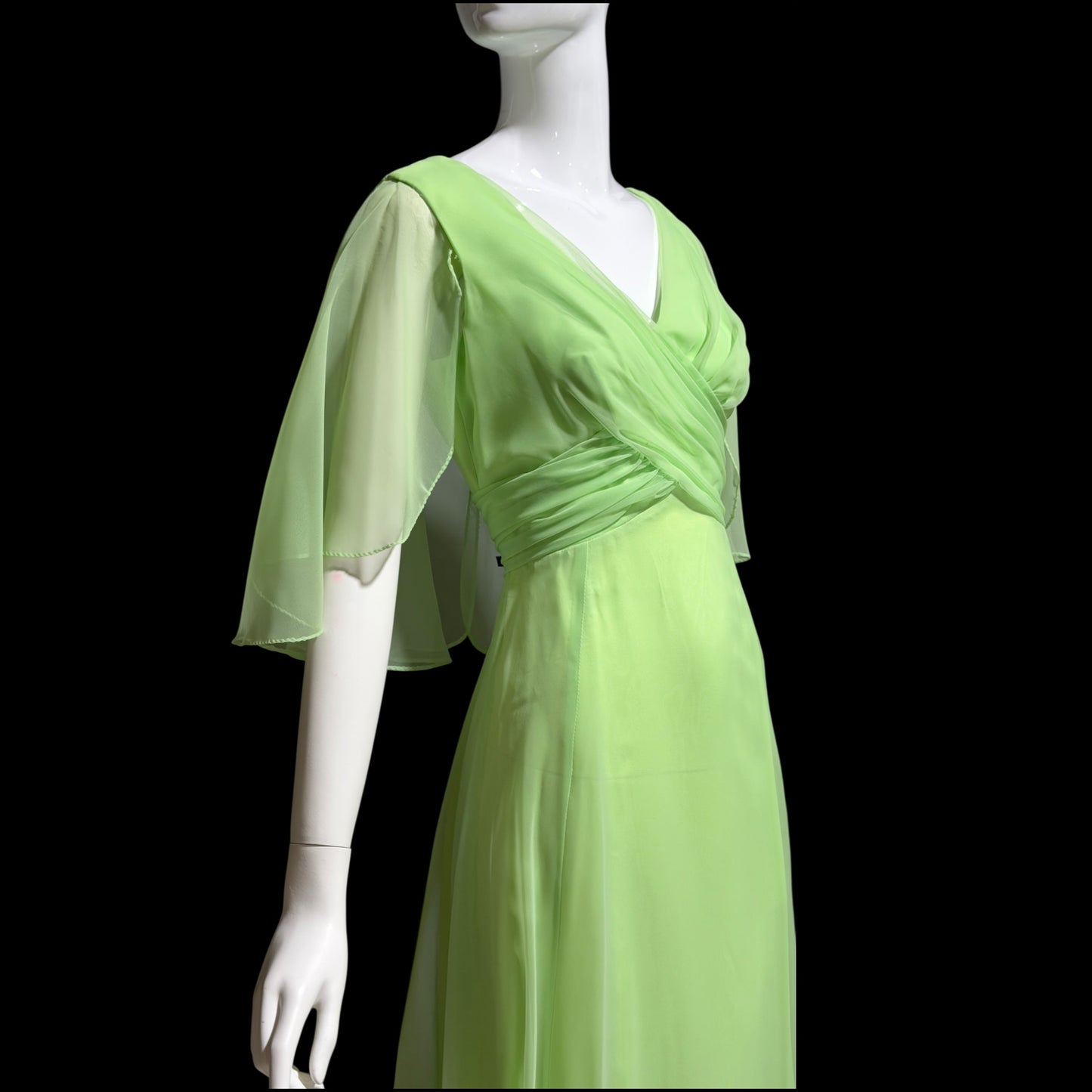 MISS ELLIETTE, vintage 1970s evening dress gown, minty pistachio green poly chiffon dress